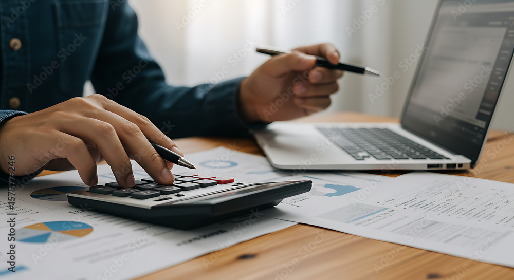 Poster a person calculating data with a calculator and a laptop on a wooden desk with charts and reports ai