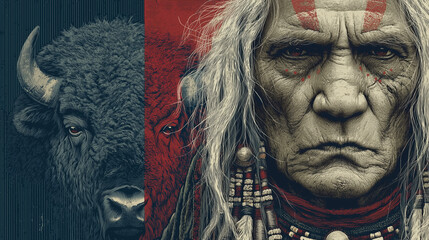 A powerful dual portrait of a wise Native American elder with face paint and a mighty bison. A graphic illustration symbolizing strength and spirit.