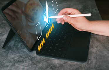 Woman use digital tablet for rating service experience on online app. Customer service and rating...