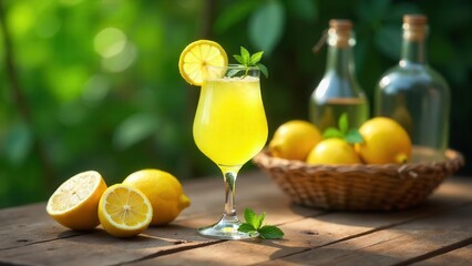 Fototapeta premium Refreshing Lemon Drink on Rustic Wooden Table with Basket of Lemons and Bottles