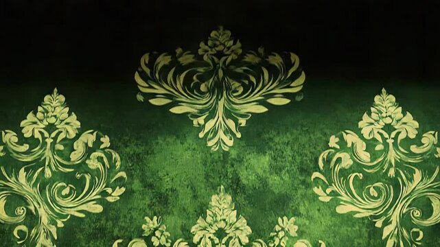 Elegant green damask pattern wallpaper with gold floral ornament