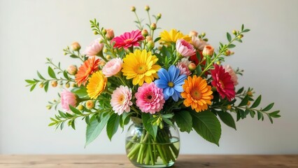 Vibrant Gerbera Daisy and Flower Arrangement in a Clear Glass Vase on a Wooden Surface