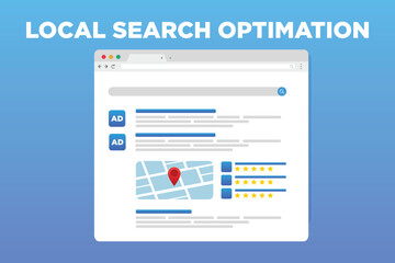Local Search and Organic Results concept illustration. SEO optimization for SERP - search engine results pages concept vector illustration. Paid, Text-based ads and organic search result