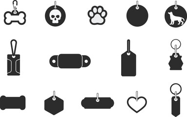 Pet tag silhouette set, dog and cat collar accessories, bone and heart shaped ID tags, animal paw print icons, isolated vector clipart collection