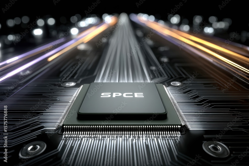 Poster digital highway: a close-up shot of a high-tech computer chip with intricate circuitry, showcasing t