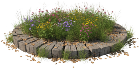 Circular wooden garden bed brimming with colorful wildflowers and lush green grass