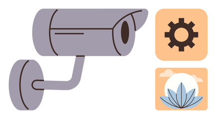 Wall-mounted security camera, gear symbol, and lotus with clouds conveying technology, security, and tranquility. Ideal for safety, technology, monitoring, balance protection privacy modern