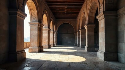 Fototapeta premium Sunlit Colonnade A Serene Architectural Passageway with Stone Arches and Sunlight Dappling the Floor