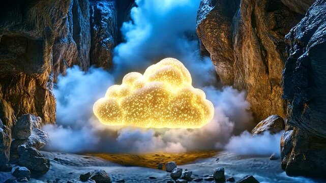 Illuminated cloud-shaped object in a mystical cave setting