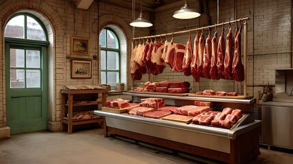 Abundant display of prime cuts of beef and pork in a vintage butcher shop with rustic charm