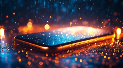 A smartphone lies on a wet surface illuminated by glowing orange and blue bokeh lights