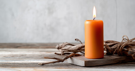 Orange Beeswax Candle Burning on Reclaimed Wood Mockup minimal background