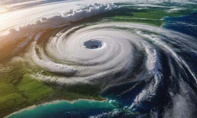 Powerful hurricane with a distinct eye seen from space approaching a detailed coastline