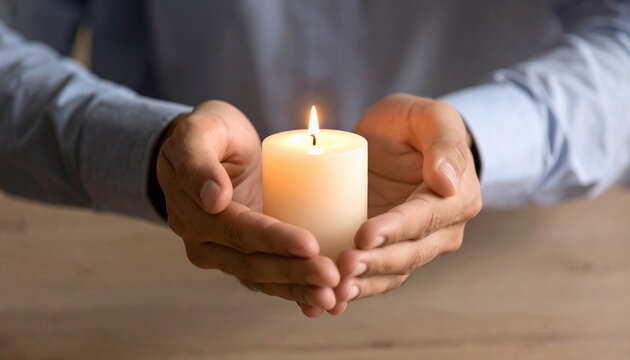 Hands Gently Holding a Burning Candle