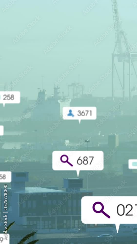 Poster animation of message icons with changing numbers over modern cityscape in background
