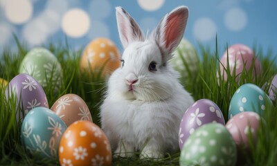 Fototapeta premium Fluffy white easter bunny sitting in green grass surrounded by colorful decorated eggs