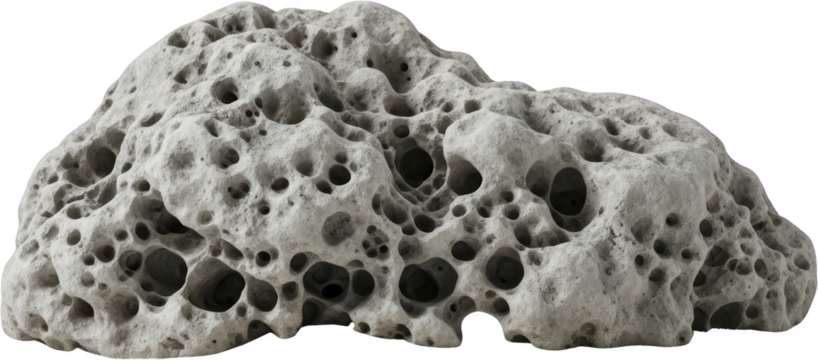 A porous light gray stone with many irregular holes and textured surfaces