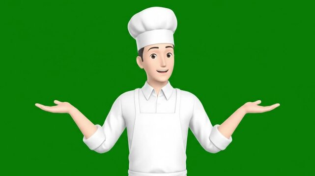 Animated chef character on green background creates cooking content with a smile for culinary projects.