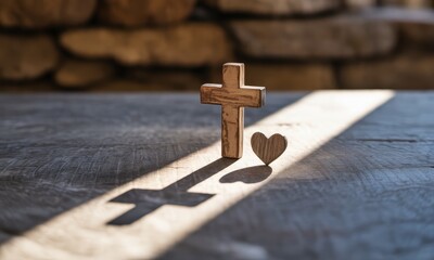 Wooden cross and heart with a long shadow on a textured wooden surface, spiritual concept.