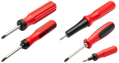 Set of red and black screwdrivers arranged on white background 