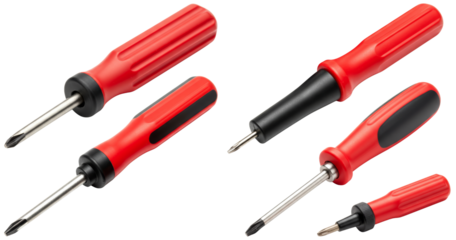 Set of red and black screwdrivers arranged on white background