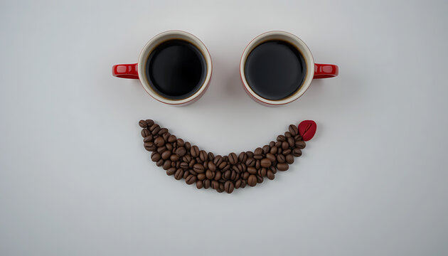 Two cups of black coffee and coffee beans arranged to form a smiley face on a white background.