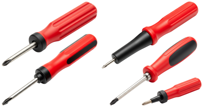Set of red and black screwdrivers arranged on white background  
