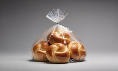 Freshly baked golden brown bread rolls packaged in a clear plastic bag