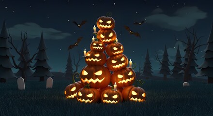 Spooky Halloween Jack-o'-Lantern Pyramid with Bats in a Dark Graveyard Setting at Night