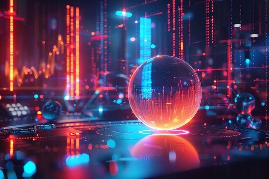 Futuristic digital sphere with glowing lines and data.