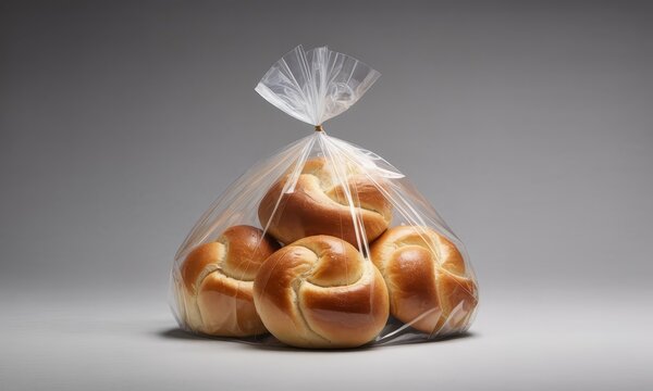 Freshly baked golden brown bread rolls packaged in a clear plastic bag