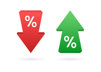 Percent arrow icon. Growth, increase, decrease arrow icons. Low price. Profit and loss trading of trader. Percentage with arrow up and dow. Green arrow up and red down arrow. Vector illustration
