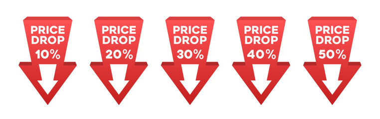 Price drop set sale, red arrow. Lower cost reduction. Loss market sale concept, discount sign. Vector illustration