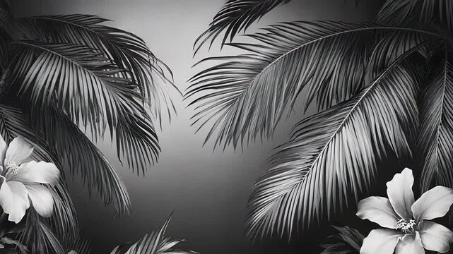 Tropical flowers and palm leaves creating a black and white jungle atmosphere