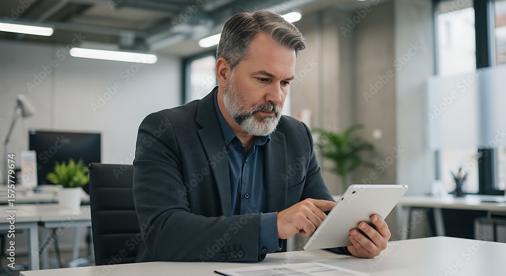 Poster man with beard in suit using tablet at desk in office with documents and computer in background ai g