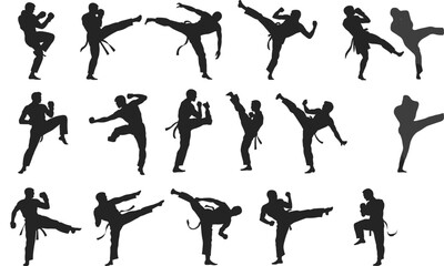 Martial arts silhouette set, karate and kickboxing vector icons, fighter training poses, self defense moves, sport illustration bundle, isolated on white