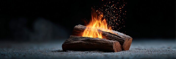 Campfire burning brightly, casting warm glowing embers against dark nighttime landscape, illuminating rustic wilderness scene with flickering orange flames