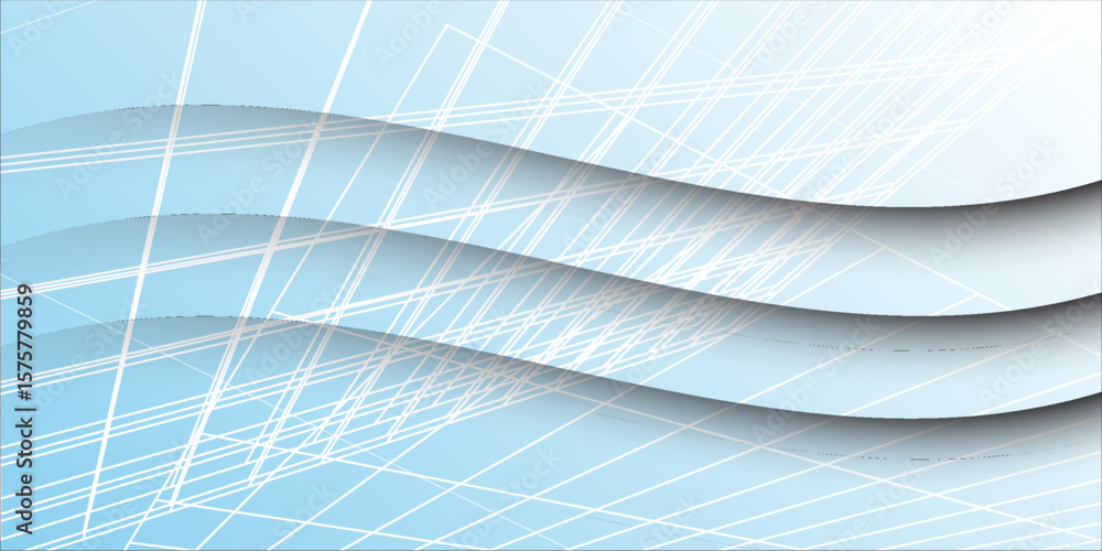 Poster abstract blue wave background with white crisscross lines and soft gradient layers, creating a moder