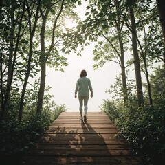 Silhouetted figure walking up wooded ramp into glowing sunlight