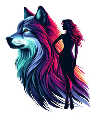 Silhouette of an elegant girl in a dress standing next to a wolf on a white isolated background. Vector graphics. EPS.