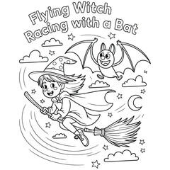 Black and white line art of young witch racing on broomstick with cartoon bat under moon and stars for coloring book
