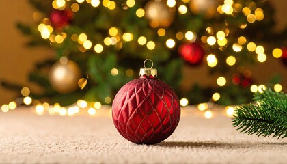 Festive red bauble on carpet, holiday lights