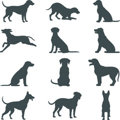 Dog silhouette vector set, sitting, running, standing, crouching animal poses, pet icon clipart design, black dog shapes, isolated on white