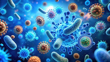 Naklejka premium Microbes on a blue background with different shapes and sizes