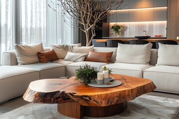 Modern living room with light beige sectional sofa, live edge coffee table, and natural decor.