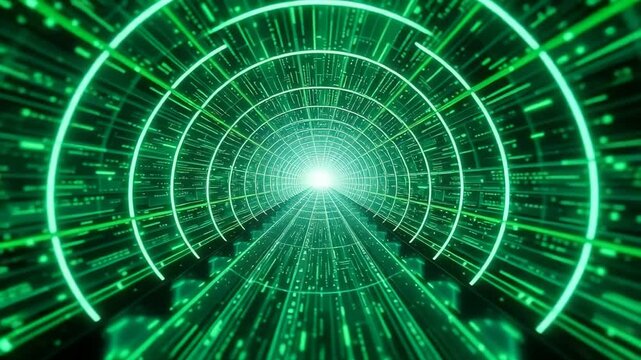 3D Animation loop Futuristic binary code tunnel with glowing green digital patterns and abstract technology background 