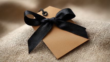Square Brown Tag Mockup with Black Bow on Linen Texture background
