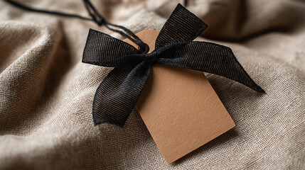Square Brown Tag Mockup with Black Bow on Linen Texture background