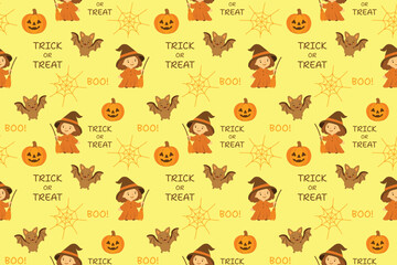 Seamless vector  Halloween pattern featuring a cute witch, bat, pumpkin, spider web, and festive texts 