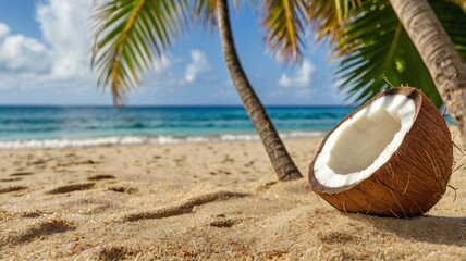 Split Coconut on Sunny Beach with Ocean Waves and Palm Trees &mdash; Tropical Vacation Vibes and Natural Refreshment